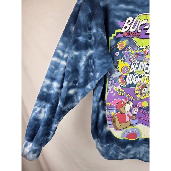 Buc-ees Sweatshirt Adult Size Medium Blue Tie Dye Pinball Arcade Bucees Beaver - Picture 5 of 10